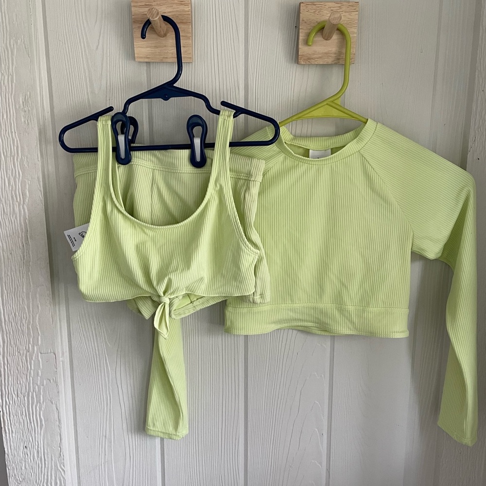 2 bathing suits: Lime Green w/ Long Sleeve Set & crochet triangle top bikini